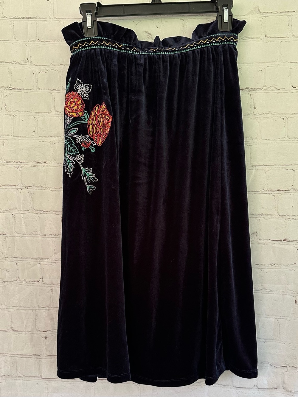 Jealous Tomato Navy Velvet Lined Embroidered Maxi Skirt - Floral Accent size S